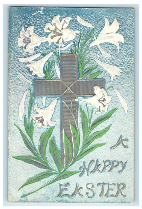 1909 Happy Easter Silver Cross White Lily Flowers Embossed Antique RPO Postcard