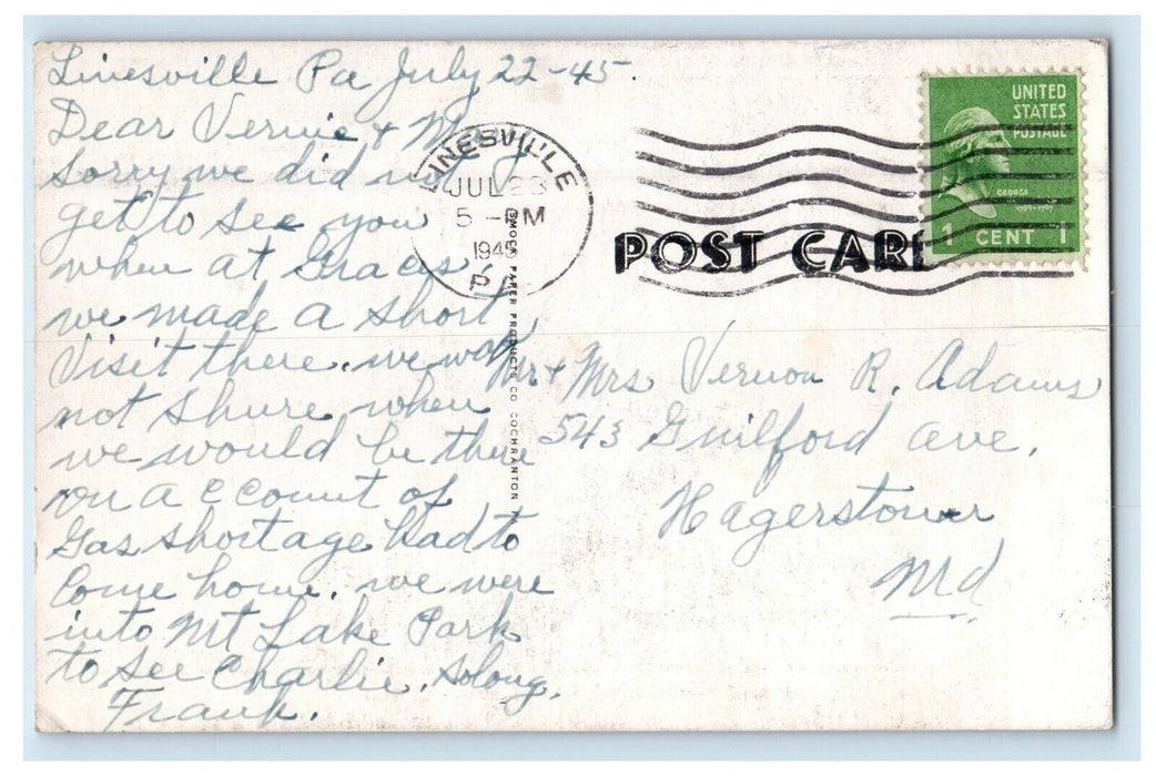 1945 Greetings From Linesville Pennsylvania PA Posted Vintage Postcard