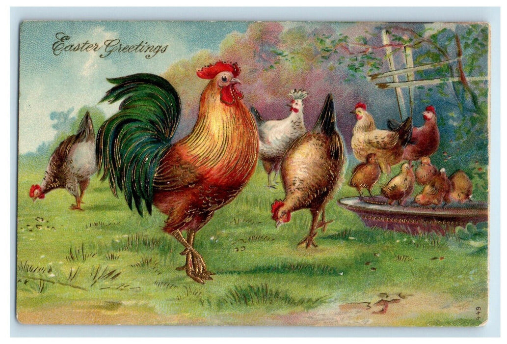 1909 Easter Greetings Rooster Hen Chicken Chicks Embossed Antique Postcard