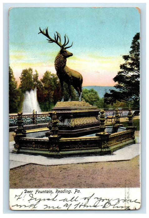 1906 Deer Fountain View Reading Pennsylvania PA Posted Antique Postcard