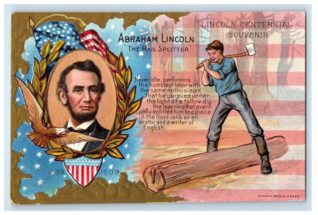 c1910's Abraham Lincoln Rail Splitter Log Ax Patriotic Embossed Antique Postcard