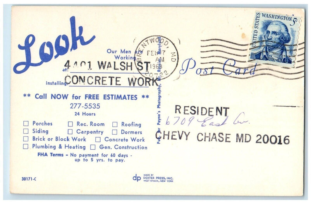 1968 Grant Construction Corporation Advertising Brentwood Maryland MD Postcard