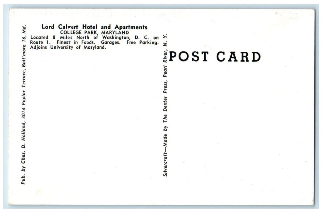 1940 Birds Eye View Lord Calvert Hotel College Park Maryland MD Antique Postcard