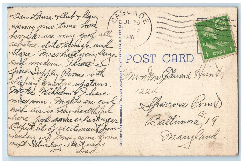 1946 Greetings Camp Ritchie Road Sea Cascade Maryland Vintage Antique Postcard
