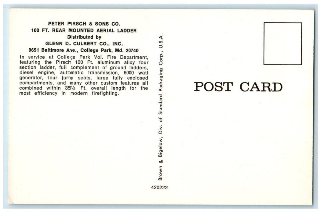 c1960 Peter Pirsch Sons Co College Park Fire Truck Maryland MD Vintage Postcard