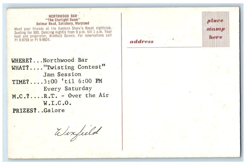 c1960 Northwood Bar Starlight Room Twist Dance Advertising Salisbury MD Postcard