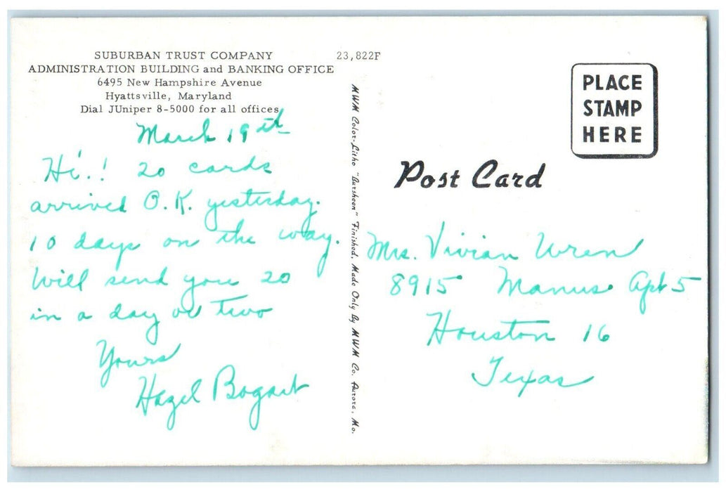 1960 Suburban Trust Company Administration Hyattsville Maryland Vintage Postcard