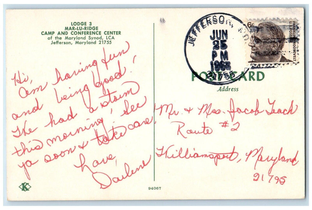 1963 Lodge 3 Mar-Lu Ridge Camp Conference Center Jefferson Maryland MD Postcard