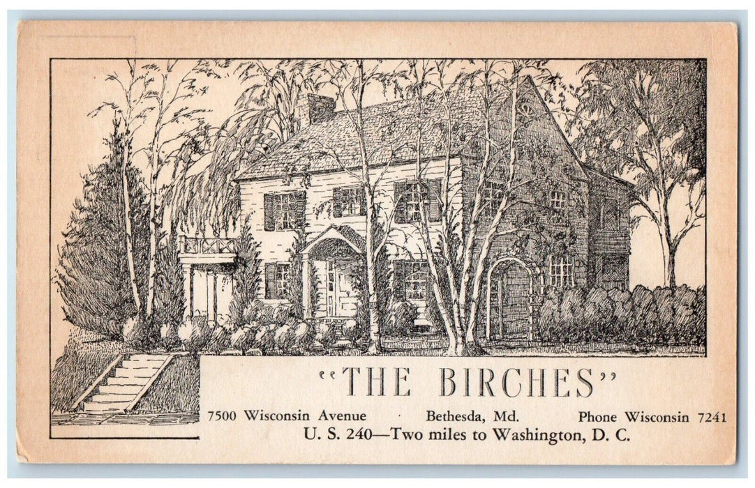 c1930's The Birches House Exterior Stairs Bethesda MD Restaurant Hotel Postcard