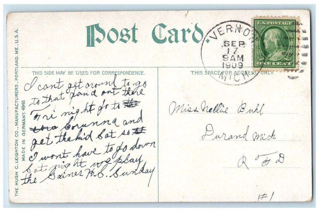 1909 Street View Tailor Shop Stores Dog Mackinac Island Vernon MI Postcard