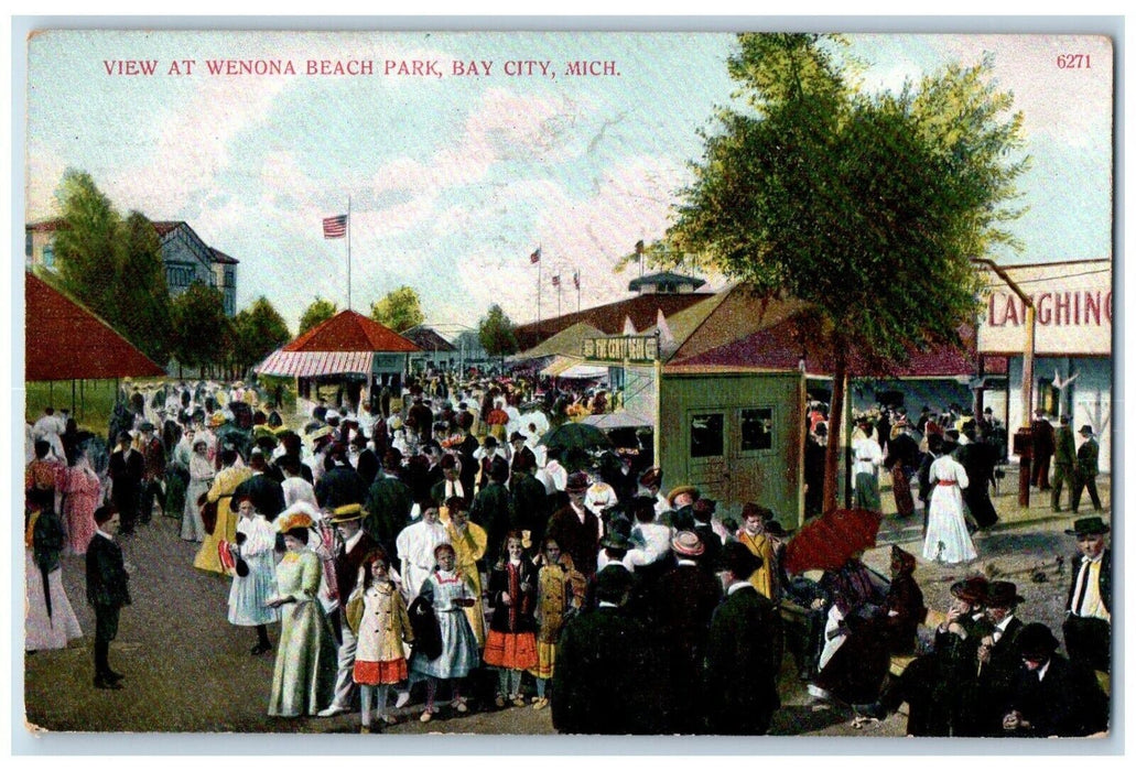 c1910's View At Wenona Beach Park Bay City Michigan MI Crowded Antique Postcard