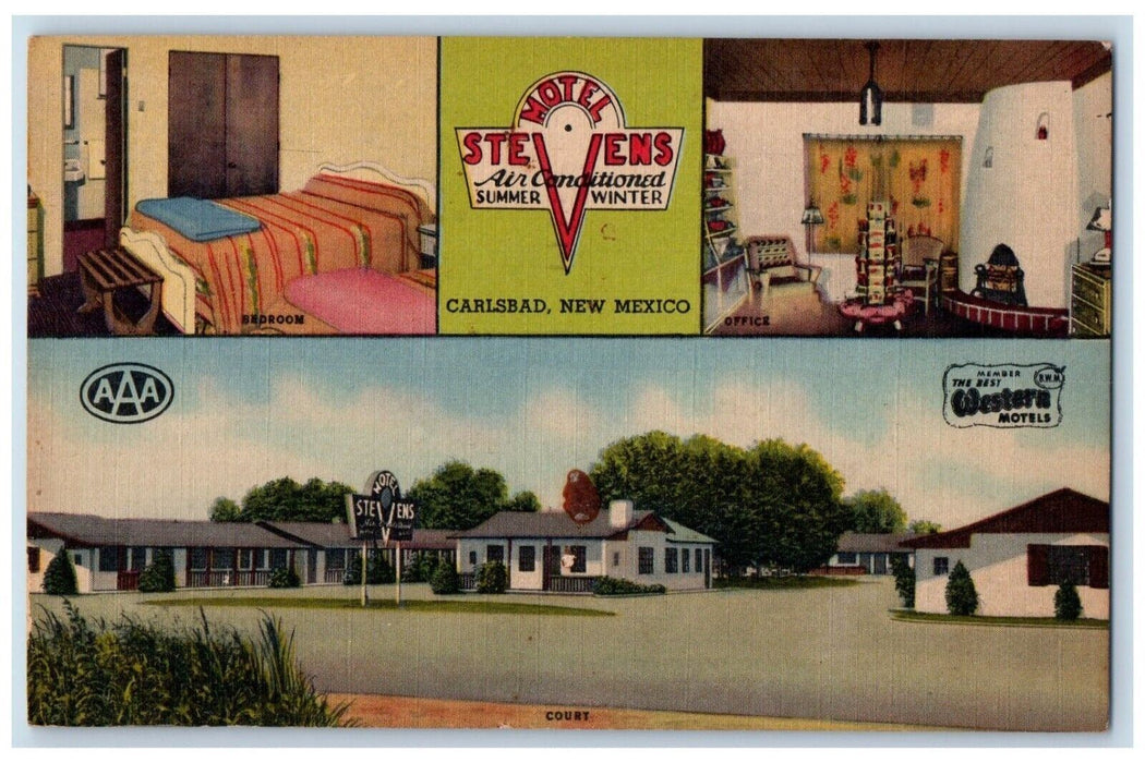 1955 Motel Stevens Multiview Western Hotel Carlsbad New Mexico Vintage Postcard