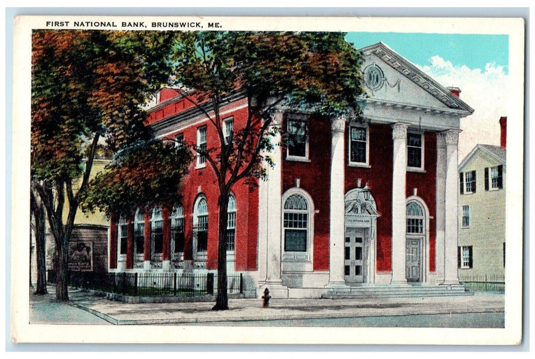 c1930's First National Bank Building Stret View Brunswick Maine ME Postcard