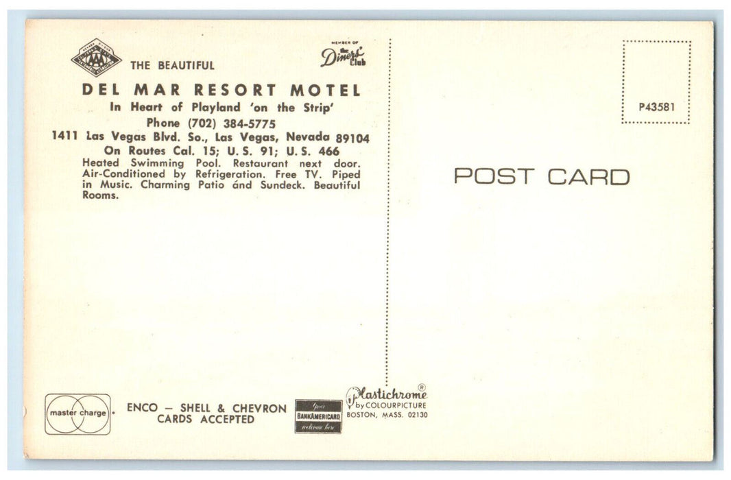 c1950's Del Mar Resort Motel Las Vegas Boulevard Nevada NV Multiview Postcard