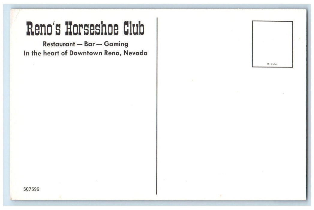 c1960's Reno's Horseshoe Club Restaurant Bar Gaming Nevada NV Vintage Postcard