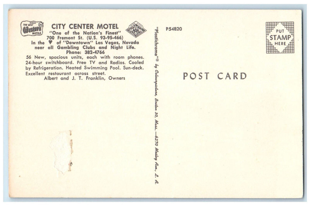 c1960's City Center Motel Las Vegas Nevada NV Vintage Unposted Postcard