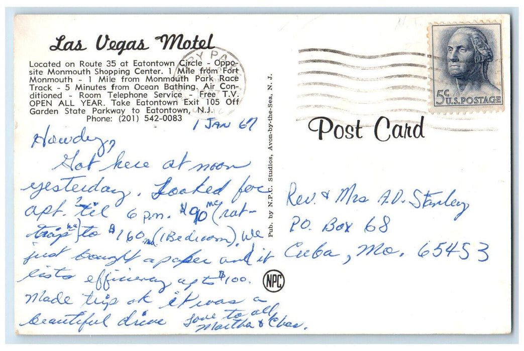 1967 Las Vegas Motel Eatontown New Jersey NJ Vintage Posted Postcard