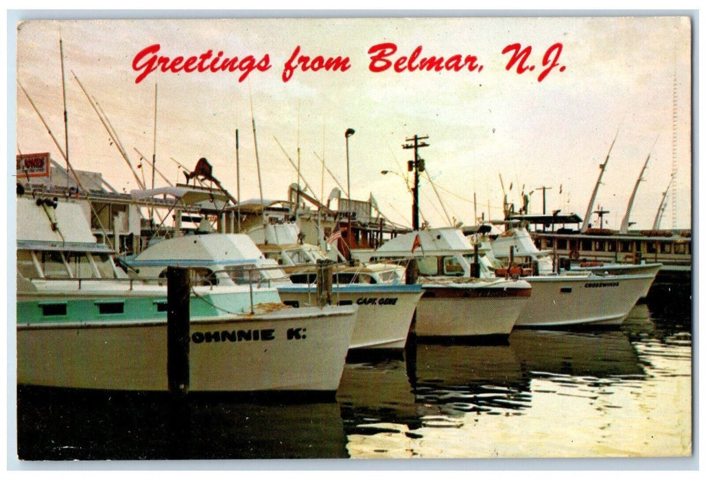 c1940 Greetings From Belmar Shipyard Fishing Boat  Dock Pier New Jersey Postcard