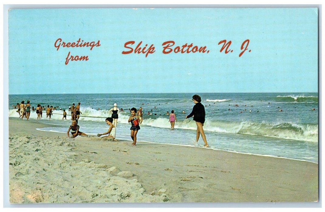 c1960 Greetings From Ship Botton Swimsuit Beach Sand Wave New Jersey NJ Postcard