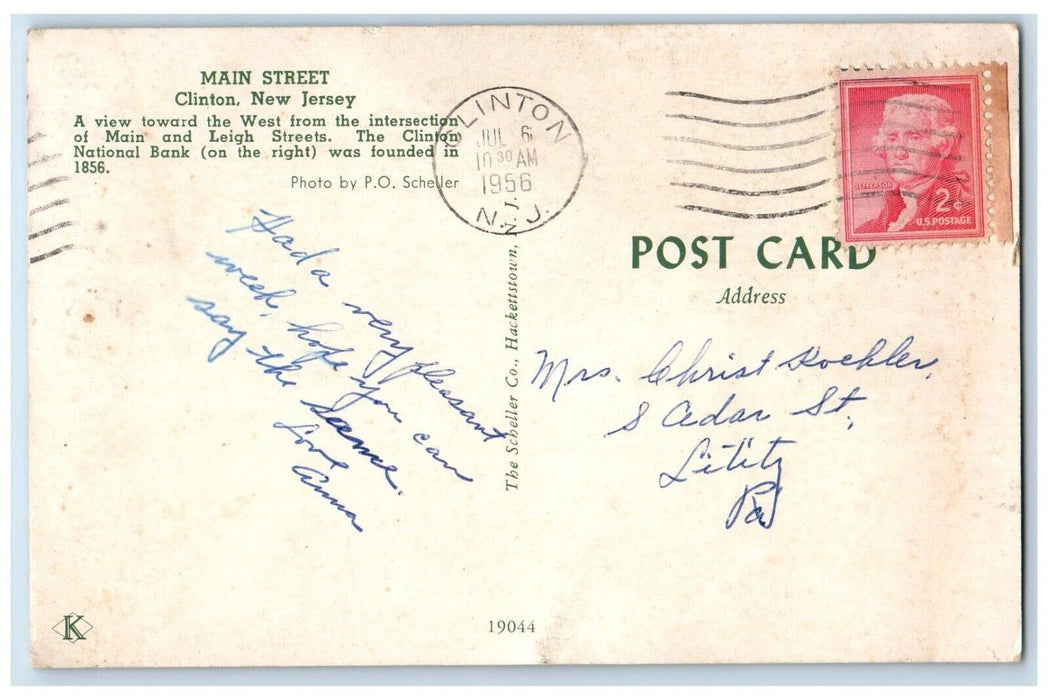 1956 Main Street Leigh National Bank Exterior Street Clinton New Jersey Postcard