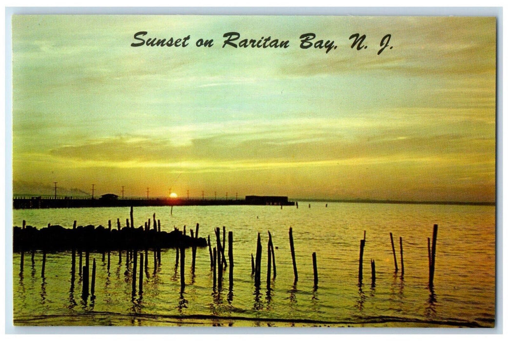 c1960 Sunset Raritan Bay Behind Pier Boardwalk Keansburg New Jersey NJ Postcard