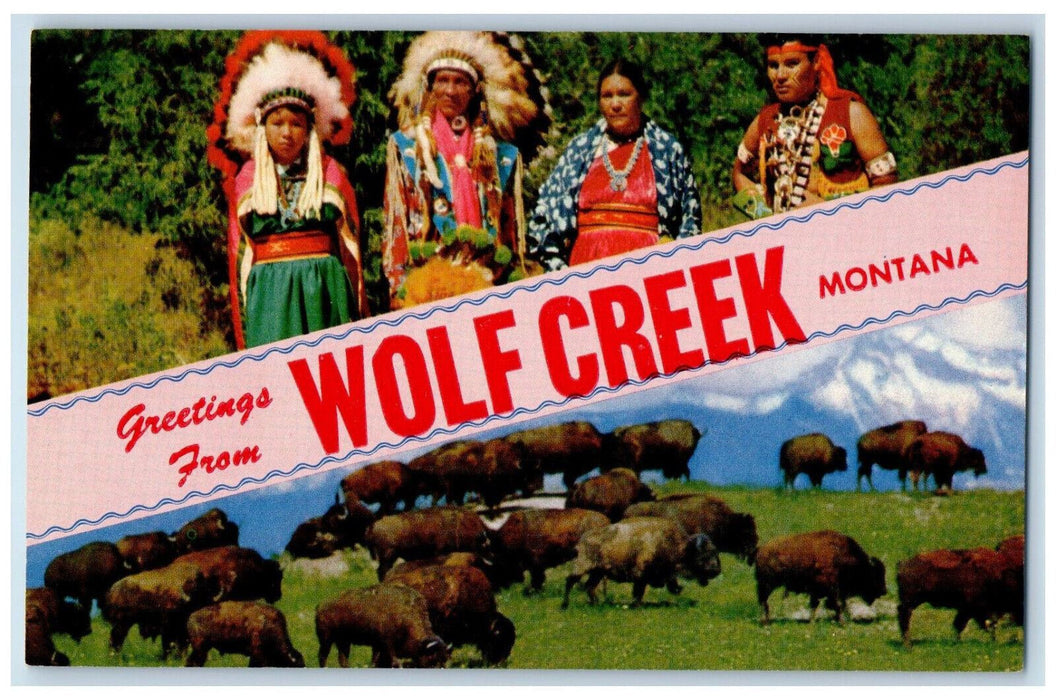 c1960s Greetings from Wolf Creek MT Animals Tribe Large Letter Embossed Postcard