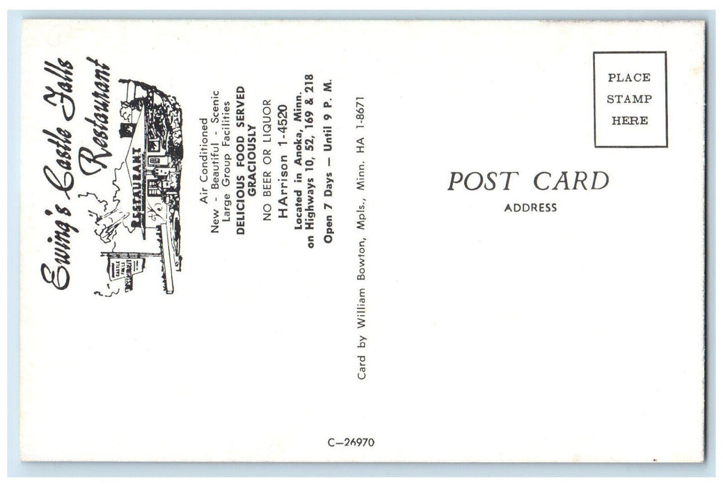 c1960's Ewing's Castle Falls Restaurant Anoka Minnesota MN Postcard