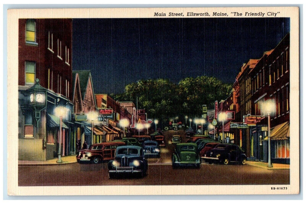 c1930's Main Street Ellsworth Maine ME, The Friendly City Cars Stores Postcard