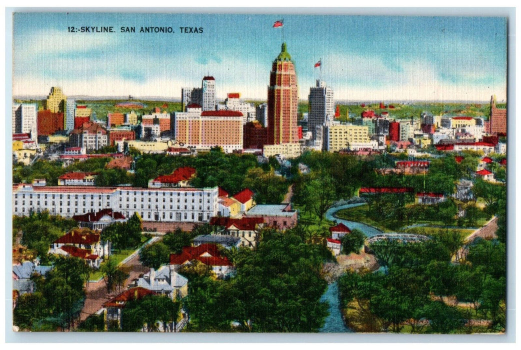 c1950's Tall Buildings River Road Bridge Skyline San Antonio Texas TX Postcard