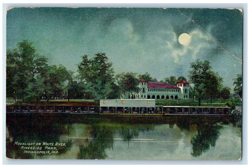 1910 Moonlight On White River Riverside Park Indianapolis Indiana IN Postcard