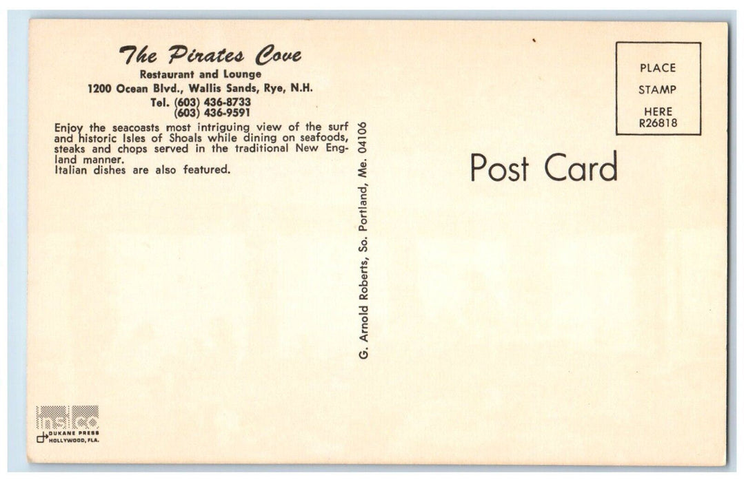 1960 Pirates Cove Restaurant Dining Area Wallis Sands Rye New Hampshire Postcard