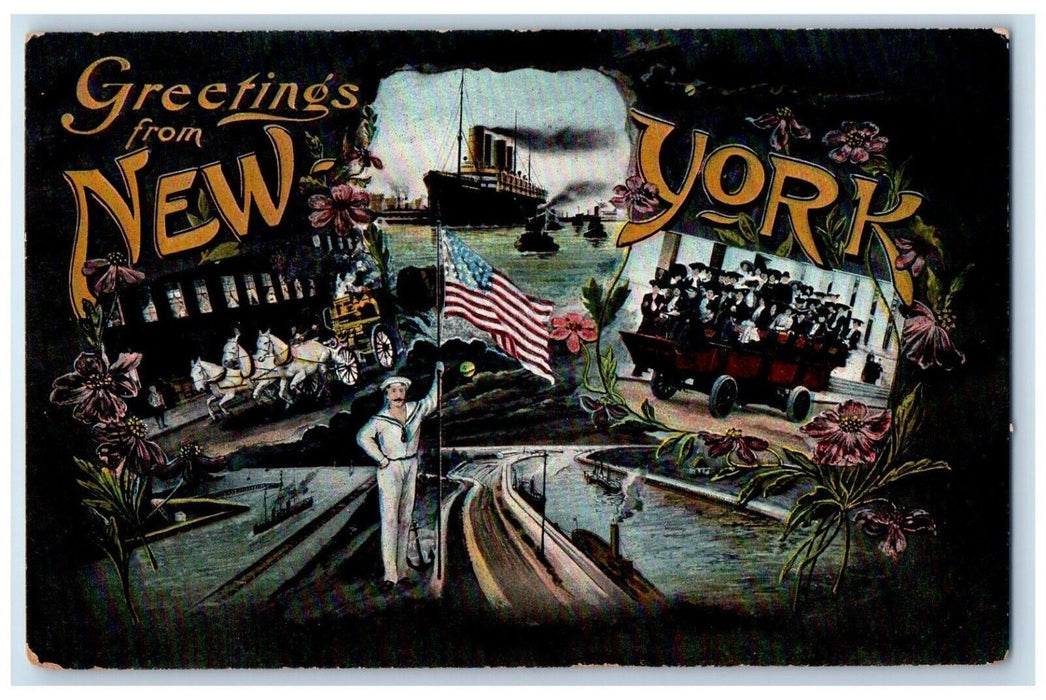 c1910 Greetings from New York Patriotic Multiview Sailor NY Vintage Postcard