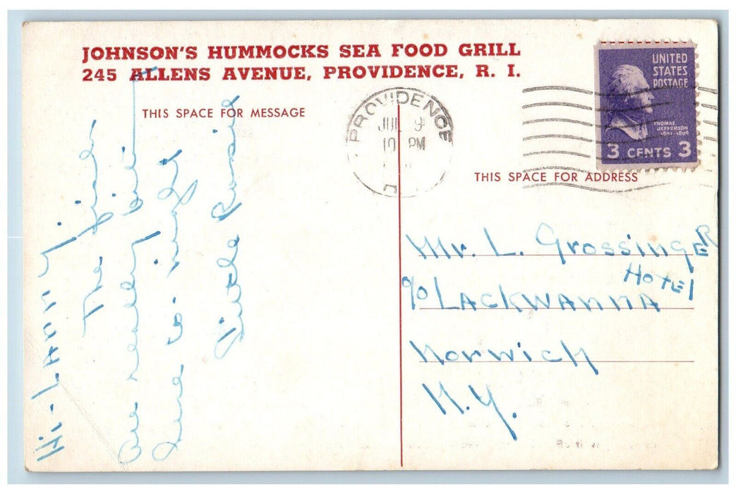 1910 Johnson Hummocks Sea Food Grill Allens Restaurant Providence RI Postcard