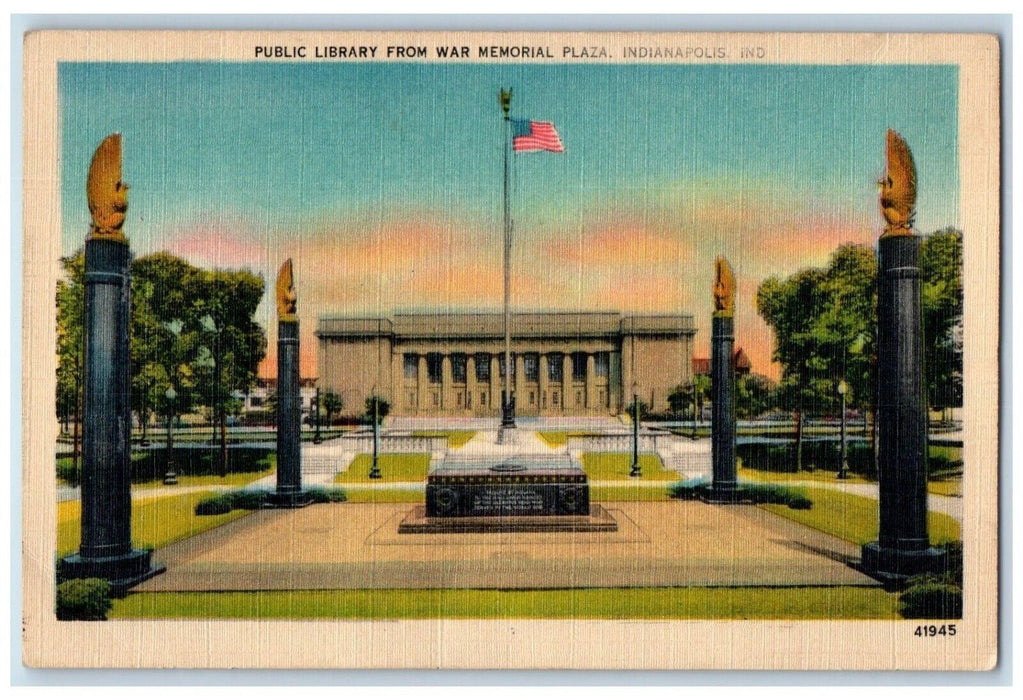 c1930's Public Library From War Memorial Plaza Indianapolis Indiana IN Postcard