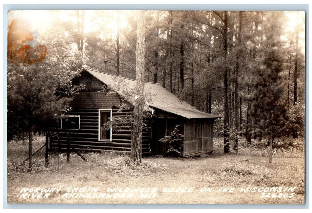 Norway Cabon Wildwood Lodge Wisconsin River Rhinelander WI RPPC Photo Postcard