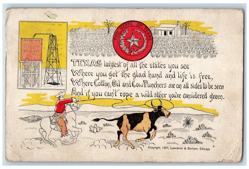 1908 Logo of State of Texas Cowboy Rodeo Bull Oil Tower TX Antique Postcard