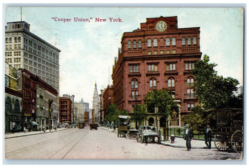 1912 Cooper Union Streetcar Horse Carriage Exterior Building New York Postcard