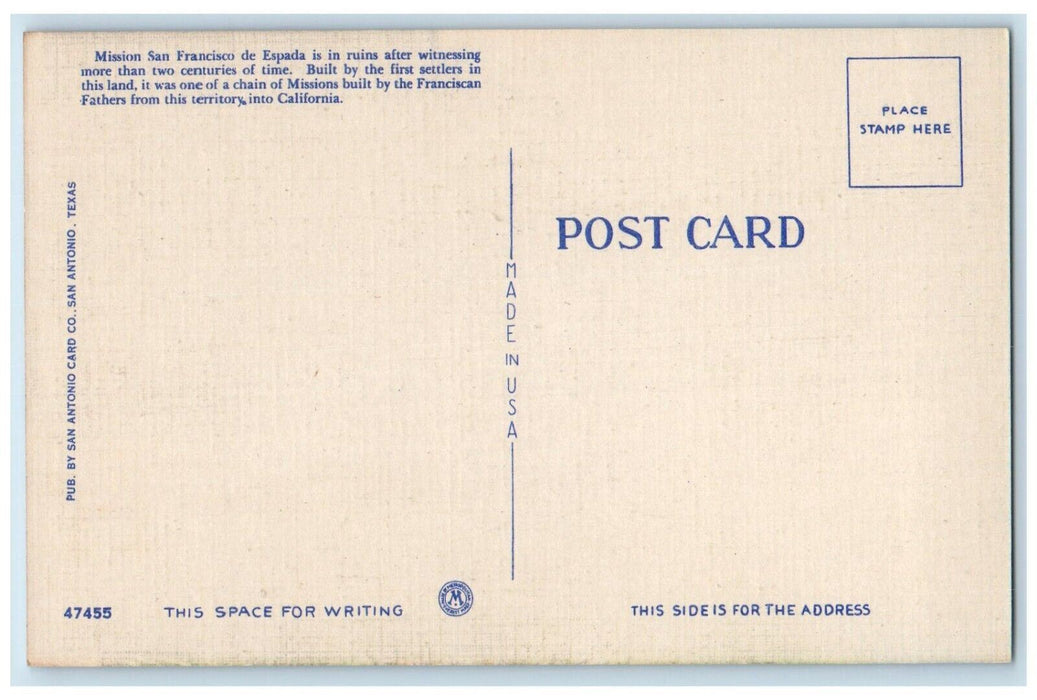 c1940's Mission San Francisco De Espada San Antonio Texas TX Postcard