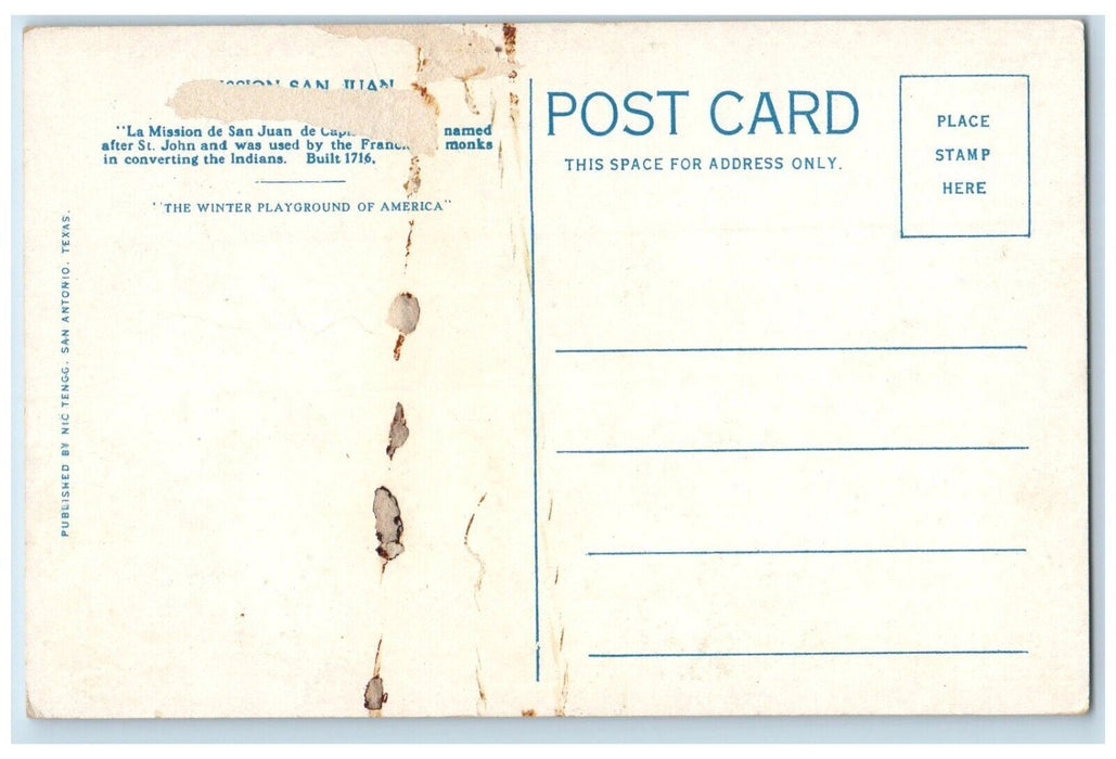 c1920's Mission San Juan De Capistrano Third Mission Texas TX Postcard