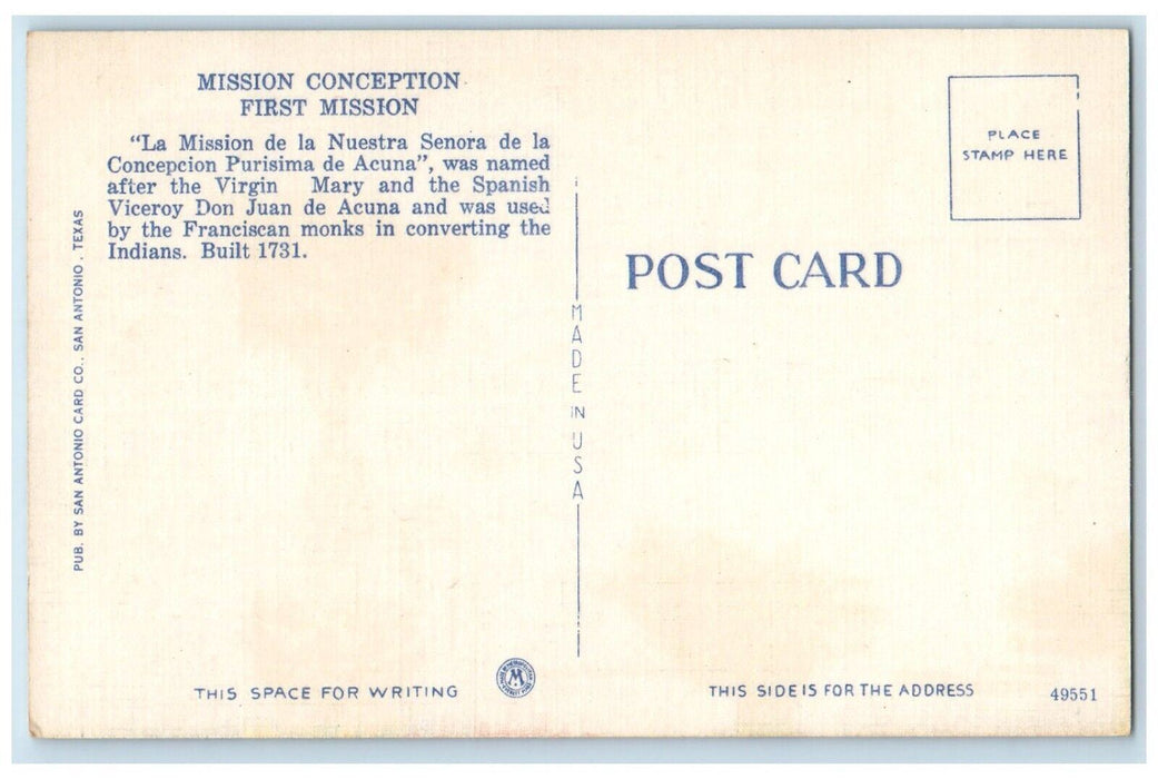 c1920's Mission De La Purisima Conception San Antonio Texas TX Postcard