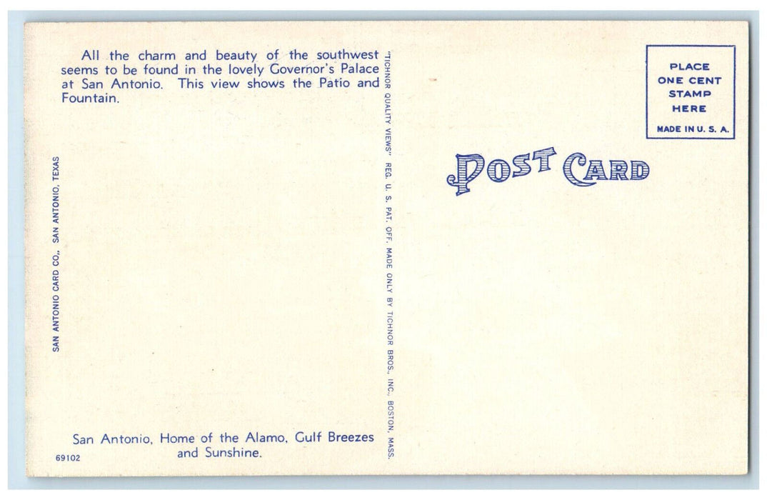 c1940's Governor's Palace Patio and Fountain San Antonio Texas TX Postcard