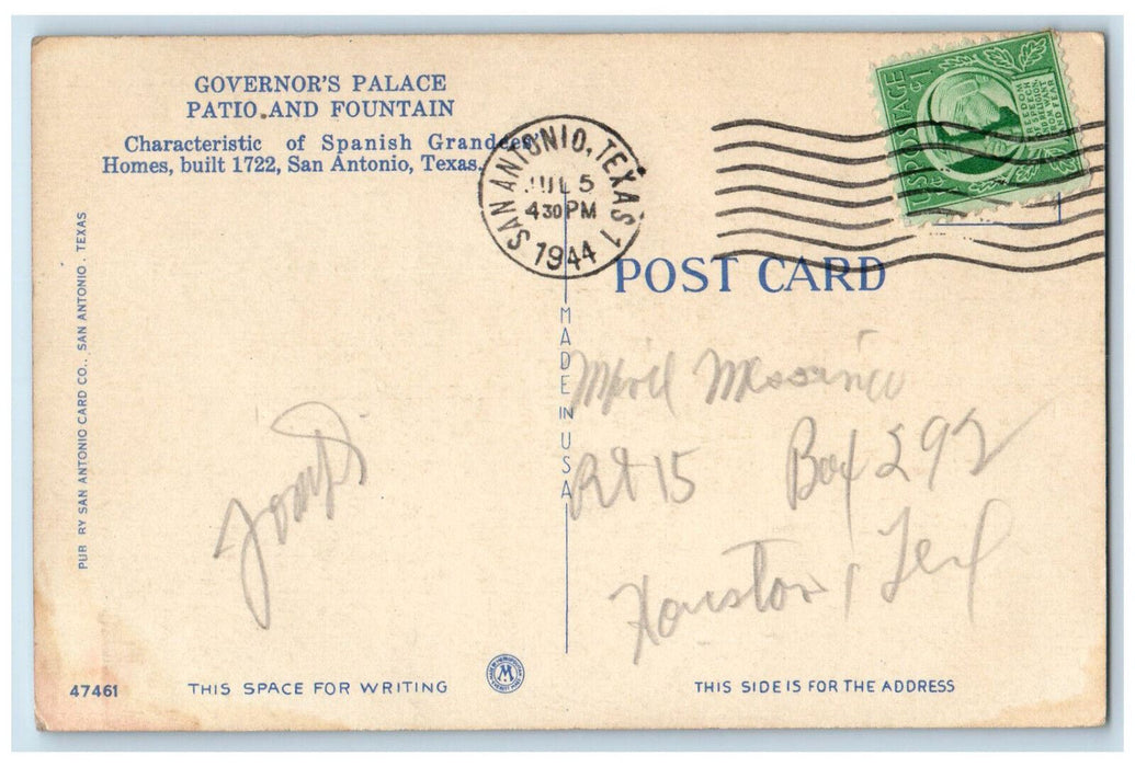 c1940's Governor's Palace Patio at Center View San Antonio Texas TX Postcard
