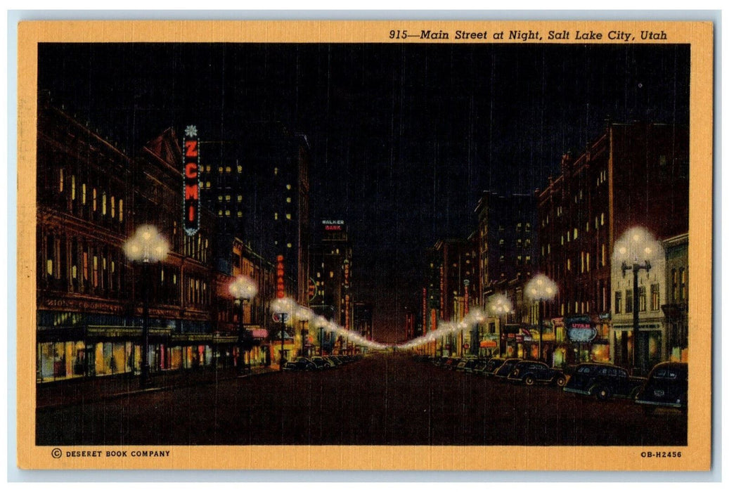 c1940's Business Section Main Street at Night Salt Lake City Utah UT Postcard