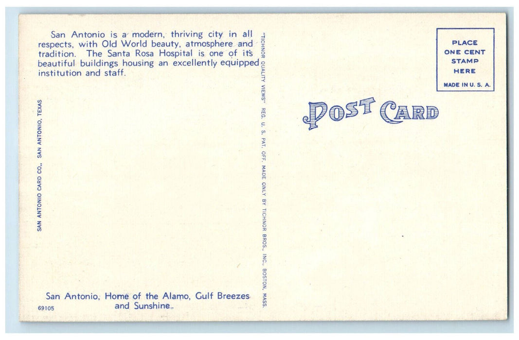 c1940's Santa Rosa Hospital Home of Alamo San Antonio Texas TX Postcard