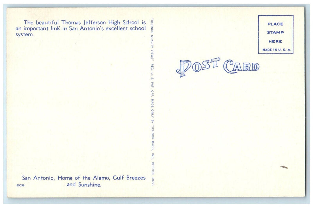 c1940's Thomas Jefferson High School San Antonio Texas TX Vintage Postcard
