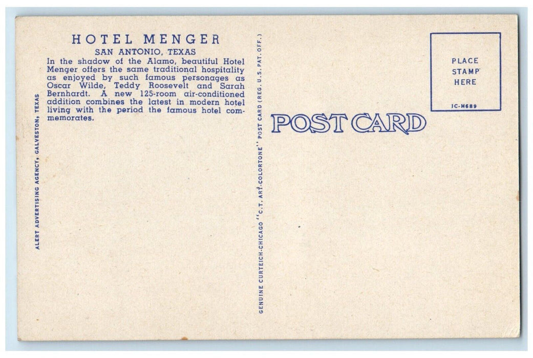 c1940's Hotel Menger On Alamo Plaza San Antonio Texas TX Vintage Postcard