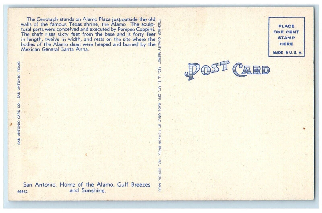 c1940's Cenotaph Monument On Alamo Plaza San Antonio Texas TX Postcard