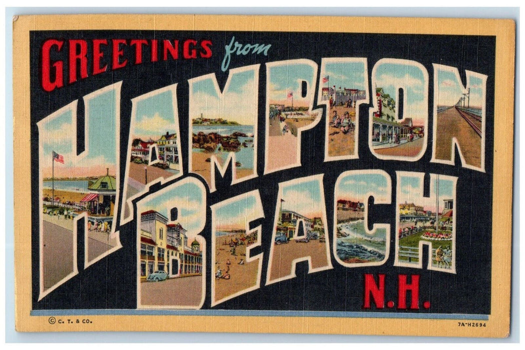 1956 Greetings from Hampton Beach New Hampshire NH Large Letter Postcard