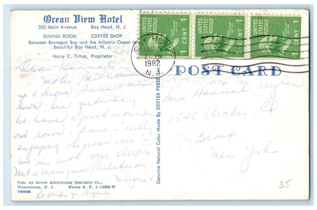 1962 Ocean View Exterior Hotel Bay Head New Jersey NJ Vintage Antique Postcard