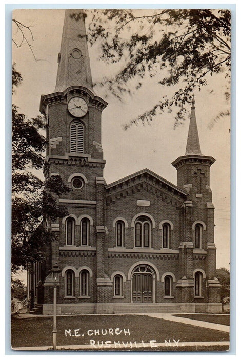 1910 Methodist Church Clock Tower Rushville New York NY RPPC Photo Postcard